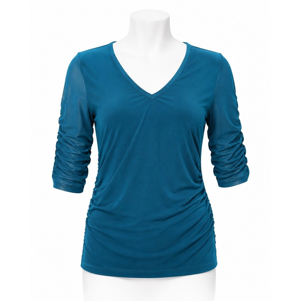 DKNY Womens Small Blue/Teal V Neck Ruched Mesh Sleeve Stretch Top NWT
